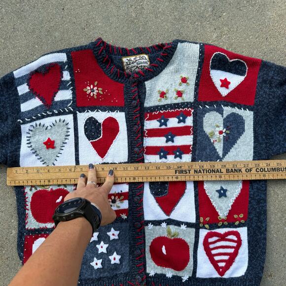 Vintage 90s Knit Hearts Americana Patchwork Sampler Cardigan Sweater XL - Picture 6 of 8